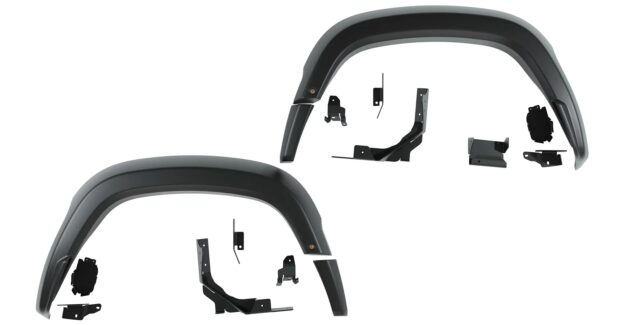 Two black fender flares with matching metal brackets and mounting hardware are displayed separately on a white background—an ideal upgrade for your build, as featured in Overland News.