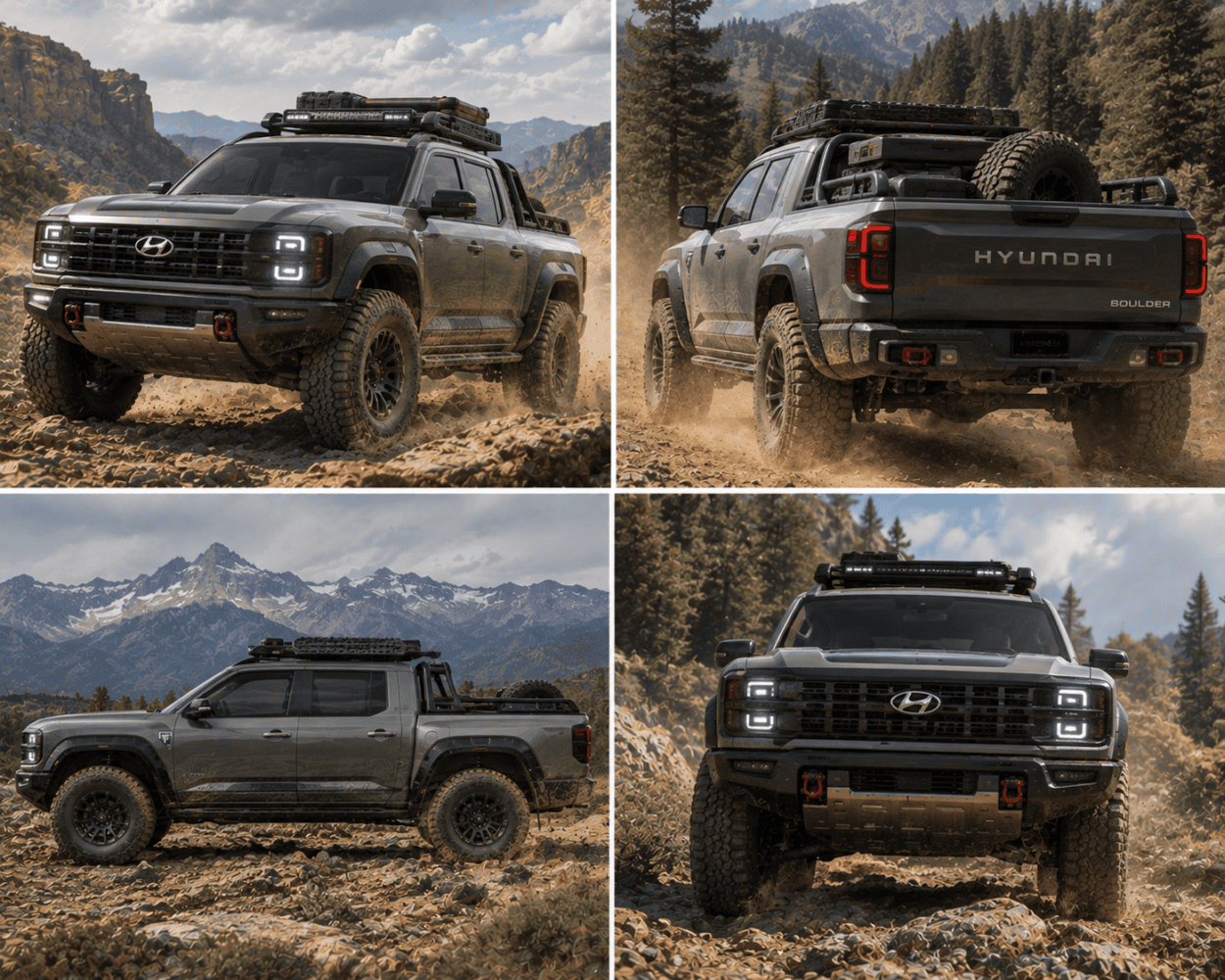 A rugged, grey Hyundai pickup truck with off-road tires confidently navigates a dusty, mountainous forest area. The powerful Hyundai is showcased from different angles, including front, rear, and side views, highlighting its robust design and adventurous spirit.