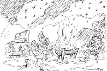 Three people in winter hats and coats sit in folding chairs around a campfire at night, with a vehicle parked nearby under a starry sky.