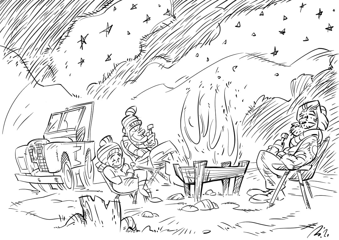 Three people in winter hats and coats sit in folding chairs around a campfire at night, with a vehicle parked nearby under a starry sky.