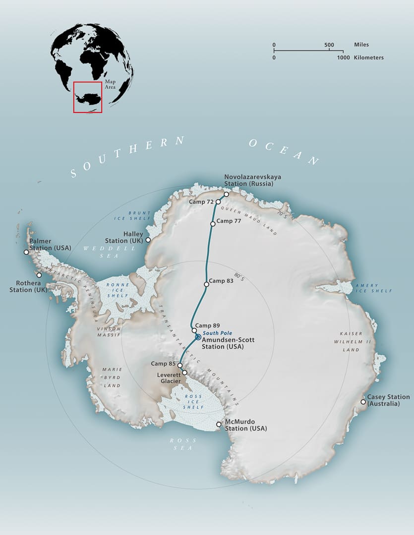 Map of the White Desert showing Antarctica’s research stations, major geographic features, and the Expeditions 7 trek route connecting Camp 72 to the South Pole.