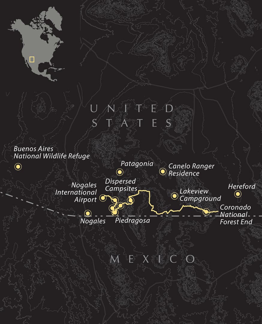 A map of the Coronado Borderlands along the U.S.-Mexico border, showing locations including Nogales, Buenos Aires National Wildlife Refuge, and Coronado National Forest.