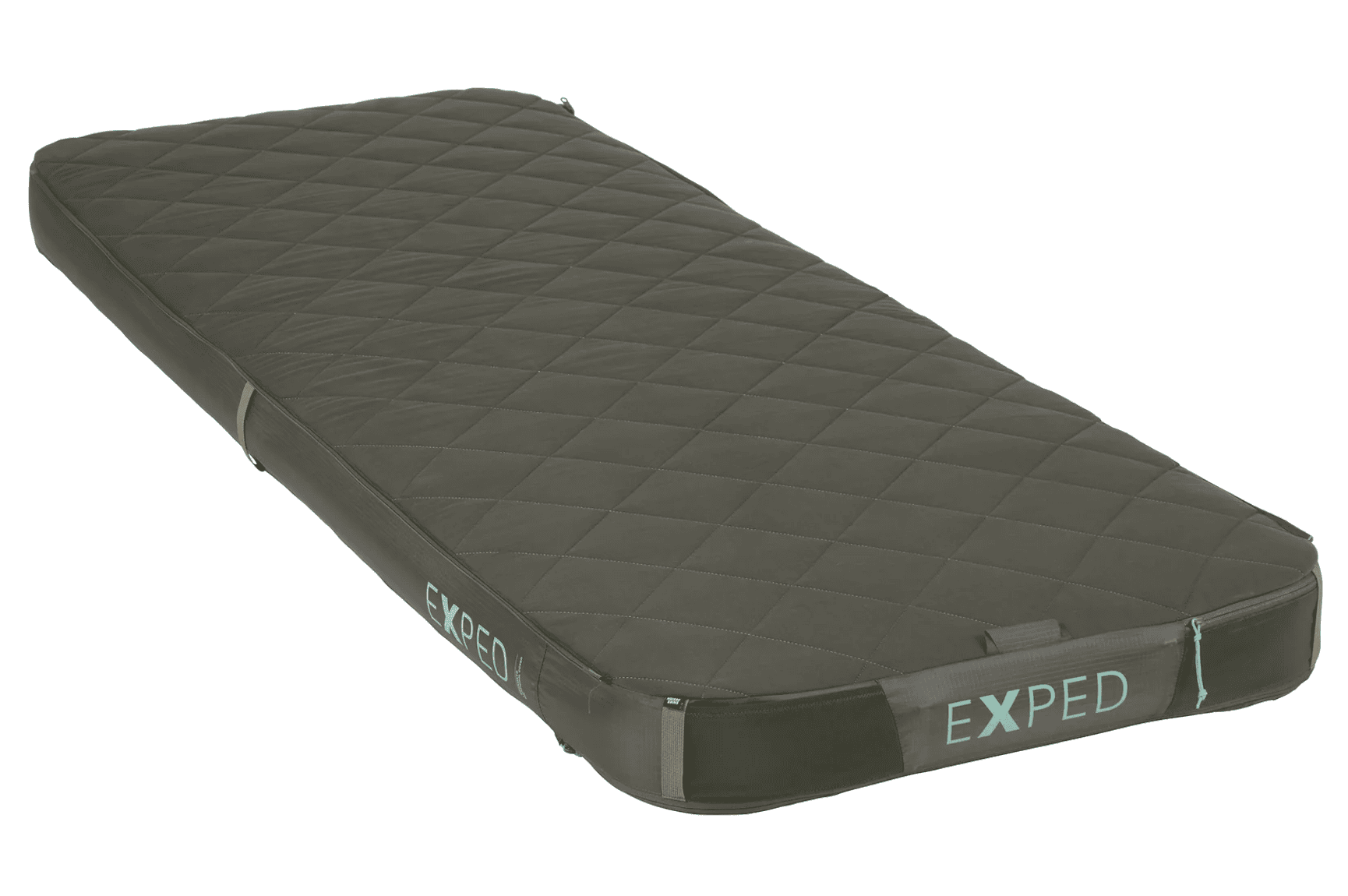An olive green rectangular sleeping pad with a quilted top surface and the Exped logo, as featured in Overland Weekly October 2026.