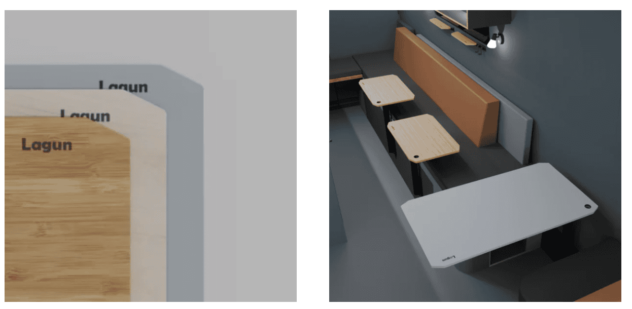 Three Lagun table tops in bamboo, wood, and grey finishes shown individually and installed in a booth seating arrangement for this Overland Industry News update.